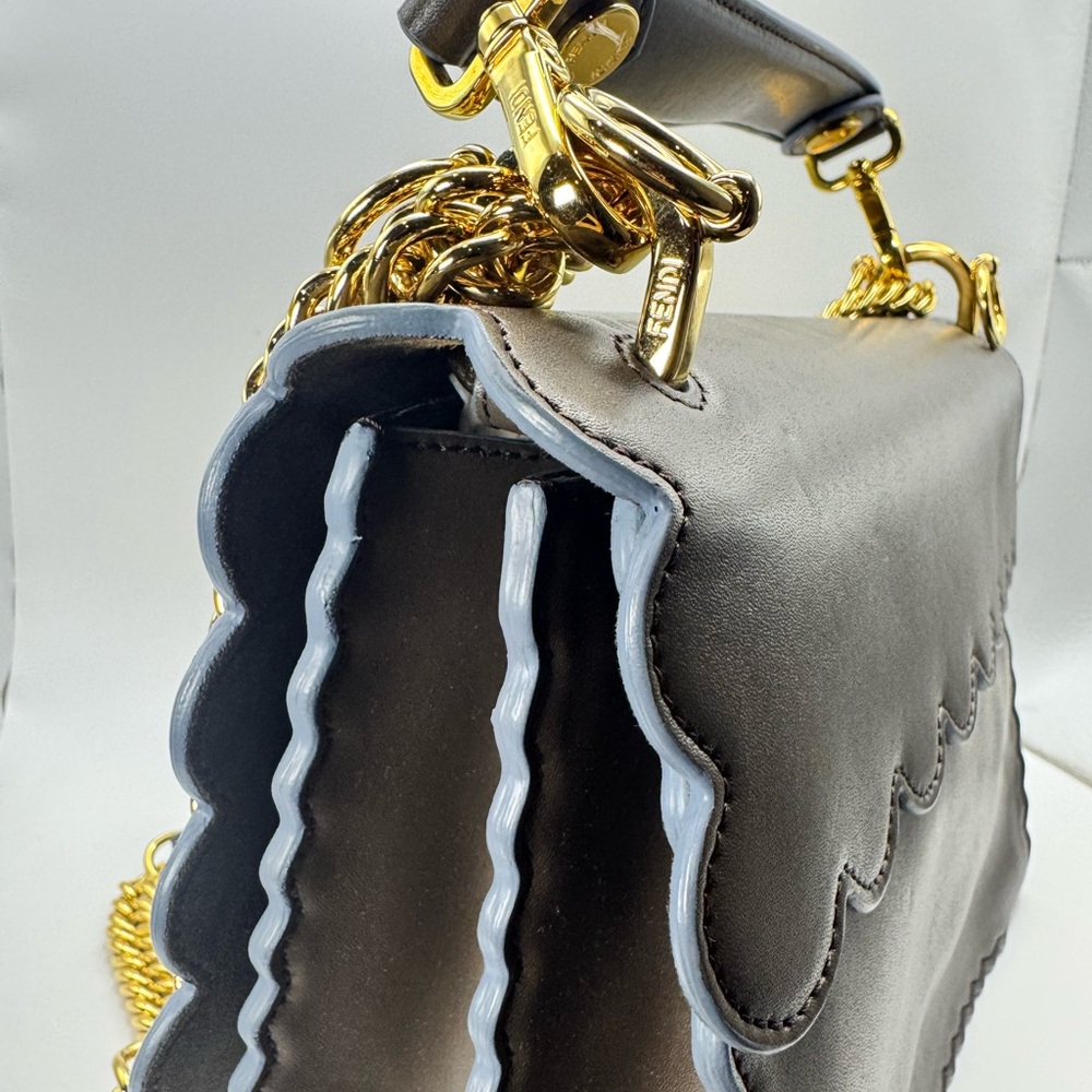 Fendi Kan | Scalloped Leather Bag Brown Gold Chain Stud Clasp Never Worn - Picture 8 of 10